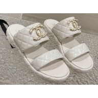 Chanel Heel 3cm Gold CC Logo Lambskin Quilting Mules Sandals White 2023