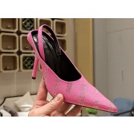 Balenciaga Square Knife Heel 10cm Slingbacks in Satin Pink with Allover Logo in rhinestones 2023