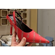 Balenciaga Square Knife Heel 10cm Slingbacks in Satin Red with Allover Logo in rhinestones 2023