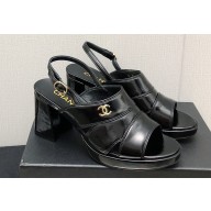 Chanel Heel Patent Crumpled Lambskin Sandals G45016 Black 2023