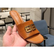 Balenciaga Heel 7cm BB Plaque Groupie Sandals in Leather Brown 2023