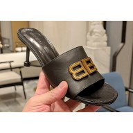 Balenciaga Heel 7cm BB Plaque Groupie Sandals in Leather Black 2023