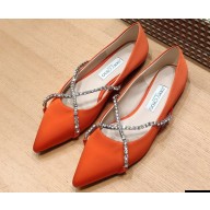Jimmy Choo GENEVI Pointed-Toe Flats Satin Orange with Crystal Chain 2023