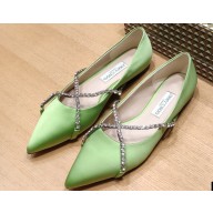 Jimmy Choo GENEVI Pointed-Toe Flats Satin Green with Crystal Chain 2023