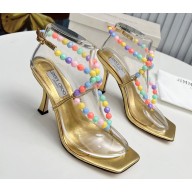 Jimmy Choo Heel 8.5cm Amiral Sandals Gold with Beaded Raffia 2023