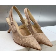 Dior Heel 6.5cm J'Adior Slingback Pumps in Nude Embroidered with Camel-Colored Saint-Gall Motif 2023