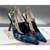 Dior Heel 9.5cm J'Adior Slingback Pumps in Cobalt Blue Multicolor Embroidered Cotton with Toile de Jouy Voyage Motif 2023
