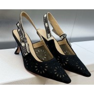 Dior Heel 6.5cm J'Adior Slingback Pumps in Black Embroidered with Camel-Colored Saint-Gall Motif 2023