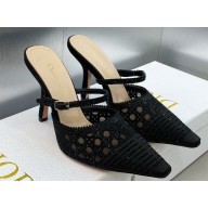 Dior Heel 9.5cm Capture Mules in Black Transparent Mesh and Cannage Cotton Embroidered with Strass 2023