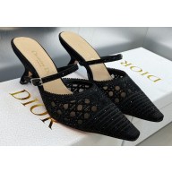 Dior Heel 6.5cm Capture Mules in Black Transparent Mesh and Cannage Cotton Embroidered with Strass 2023