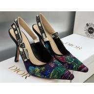 Dior Heel 9.5cm J'Adior Slingback Pumps in Purple Multicolor Embroidered Cotton with Toile de Jouy Voyage Motif 2023