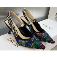 Dior Heel 6.5cm J'Adior Slingback Pumps in Purple Multicolor Embroidered Cotton with Toile de Jouy Voyage Motif 2023