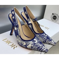 Dior Heel 9.5cm J'Adior Slingback Pumps in Blue Multicolor Embroidered Cotton with Toile de Jouy Voyage Motif 2023