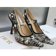 Dior Heel 9.5cm J'Adior Slingback Pumps in Black Multicolor Embroidered Cotton with Toile de Jouy Voyage Motif 2023