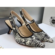 Dior Heel 6.5cm J'Adior Slingback Pumps in Black Multicolor Embroidered Cotton with Toile de Jouy Voyage Motif 2023