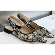Dior J'Adior Slingback Ballerina Flats in Black Multicolor Embroidered Cotton with Toile de Jouy Voyage Motif 2023