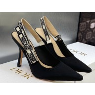 Dior Heel 9.5cm J'Adior Slingback Pumps in Black Embroidered Satin and Cotton 2023