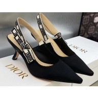 Dior Heel 6.5cm J'Adior Slingback Pumps in Black Embroidered Satin and Cotton 2023