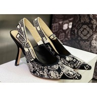 Dior Heel 9.5cm J'Adior Slingback Pumps in Black Cotton Embroidered with Plan de Paris Motif 2023