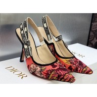 Dior Heel 9.5cm J'Adior Slingback Pumps in Red Multicolor Embroidered Cotton with Toile de Jouy Voyage Motif 2023