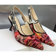 Dior Heel 6.5cm J'Adior Slingback Pumps in Red Multicolor Embroidered Cotton with Toile de Jouy Voyage Motif 2023