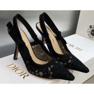 Dior Heel 9.5cm J'Adior Slingback Pumps in Black Transparent Mesh Embroidered with D-Lace Macramé Motif 2023