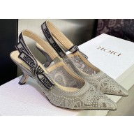 Dior Heel 6.5cm J'Adior Slingback Pumps in Gray Transparent Mesh Embroidered with D-Lace Macramé Motif 2023