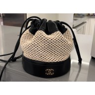 Cheap Sale Chanel Raffia and Leather Bucket Bag Black 2023
