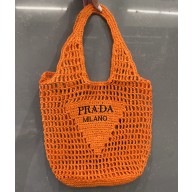 Cheap Sale Prada Raffia Crochet and Leather Tote Bag Orange 2023