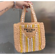 Cheap Sale Prada Raffia Crochet Tote Bag with wooden beads 1BG425 Apricot 2023