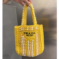 Cheap Sale Prada Raffia Crochet Tote Bag with wooden beads 1BG425 Yellow 2023