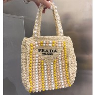 Cheap Sale Prada Raffia Crochet Tote Bag with wooden beads 1BG425 Beige 2023