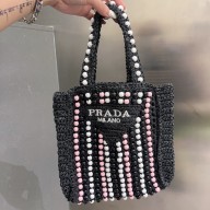 Cheap Sale Prada Raffia Crochet Tote Bag with wooden beads 1BG425 Black 2023
