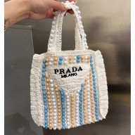 Cheap Sale Prada Raffia Crochet Tote Bag with wooden beads 1BG425 White 2023