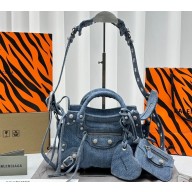 Balenciaga Neo Cagole XS Handbag in blue washed and frayed demin with rhinestones