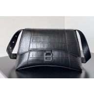 Balenciaga Downtown Small Shoulder Bag in calfskin crocodile embossed Black