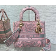 Lady Dior Medium D-Lite Bag  in Pink and Gray Toile de Jouy Sauvage Embroidery
