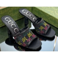 Gucci Heel 7.5cm GG crystal mesh mid-heel slide sandals 747245 Black/Multicolor 2023