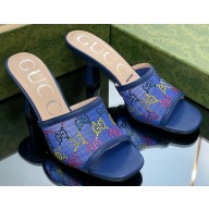Gucci Heel 7.5cm GG crystal mesh mid-heel slide sandals 747245 Blue 2023