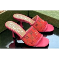 Gucci Heel 7.5cm GG crystal mesh mid-heel slide sandals 747245 Fuchsia 2023