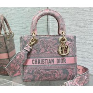 Lady Dior Medium D-Lite Bag  in Gray and Pink Toile de Jouy Reverse Embroidery