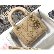 Lady Dior Mini Bag Metallic Cannage Calfskin Platinum Beaded Embroidery