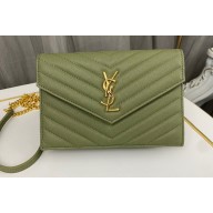 Saint Laurent cassandre matelassé envelope chain wallet in grain de poudre embossed leather 393953/742920/695108 Green/Gold