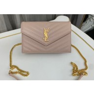 Saint Laurent cassandre matelassé envelope chain wallet in grain de poudre embossed leather 393953/742920/695108 Pink/Gold