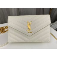 Saint Laurent cassandre matelassé envelope chain wallet in grain de poudre embossed leather 393953/742920/695108 White/Gold