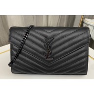 Saint Laurent cassandre matelassé chain wallet in grain de poudre embossed leather 377828 Black