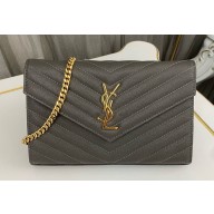Saint Laurent cassandre matelassé chain wallet in grain de poudre embossed leather 377828 Gray/Gold