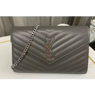 Saint Laurent cassandre matelassé chain wallet in grain de poudre embossed leather 377828 Gray/Silver