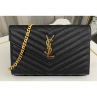 Saint Laurent cassandre matelassé chain wallet in grain de poudre embossed leather 377828 Black/Gold