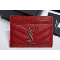 Saint Laurent Cassandre Matelassé Card Case In Grain De Poudre Embossed Leather 423291 Red/Silver